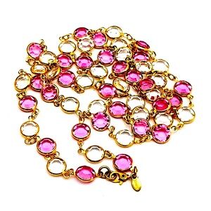 Monet Vintage 80's  Gold Plated Pink & Clear Bezel Set Crystal Necklace Sautoir